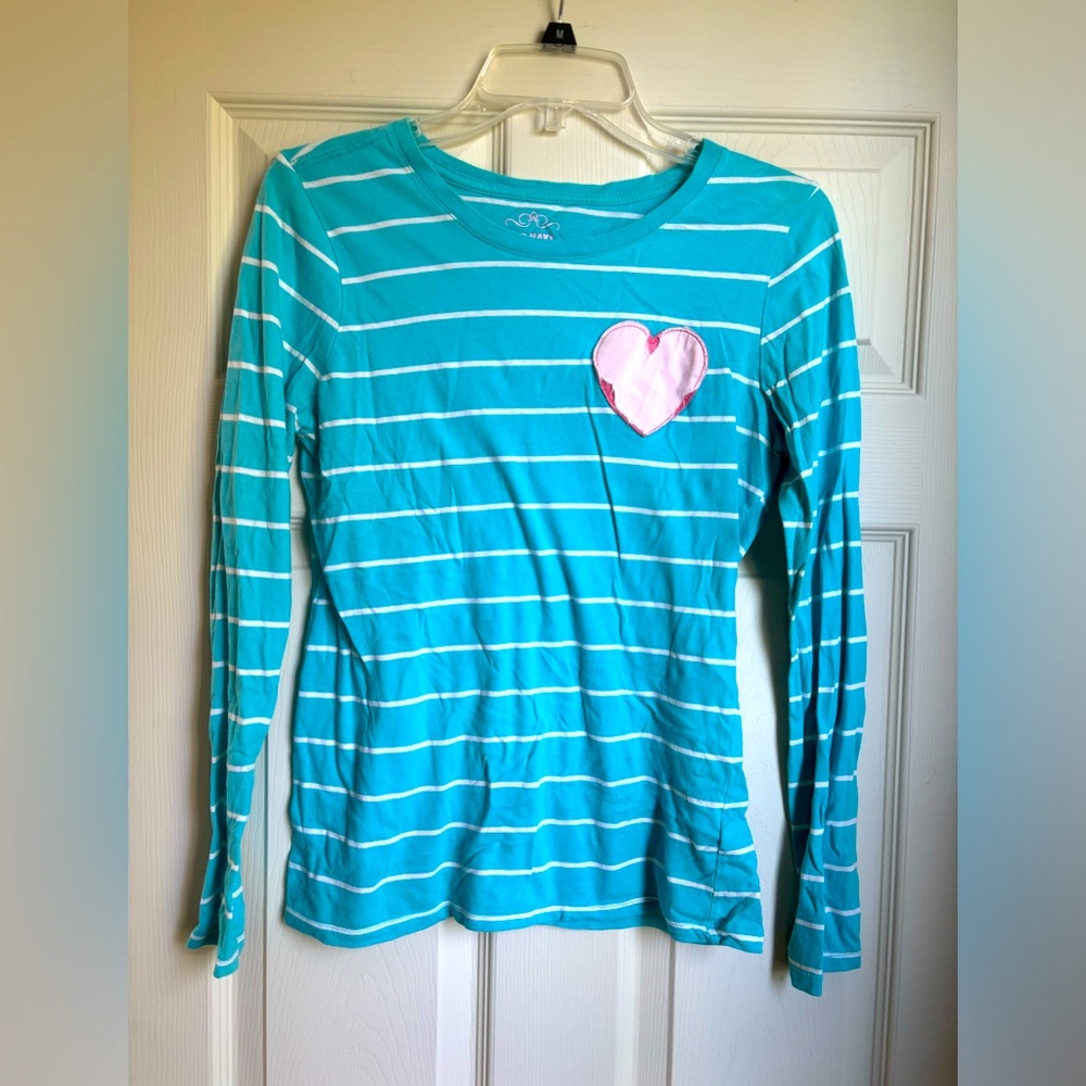Old Navy turquoise and white striped long sleeve shirt with heart detail